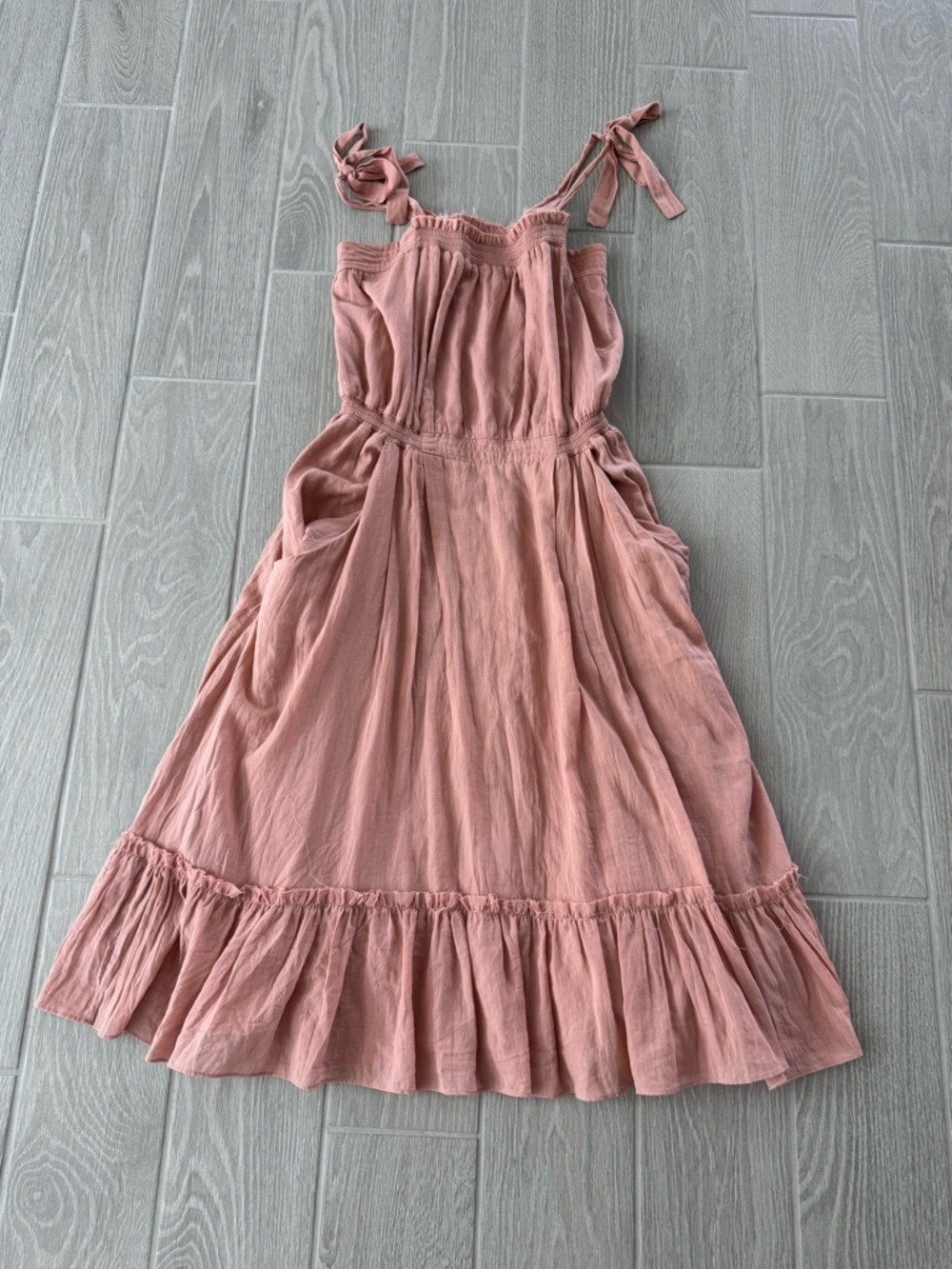 LOUP CHARMANT 100% Organic Cotton Mauve Tie Shoulder Pleated Ruffle Dress Medium